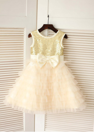 Gold Sequin Champagne Ruffled Tulle Cute Flower Girl Dress
